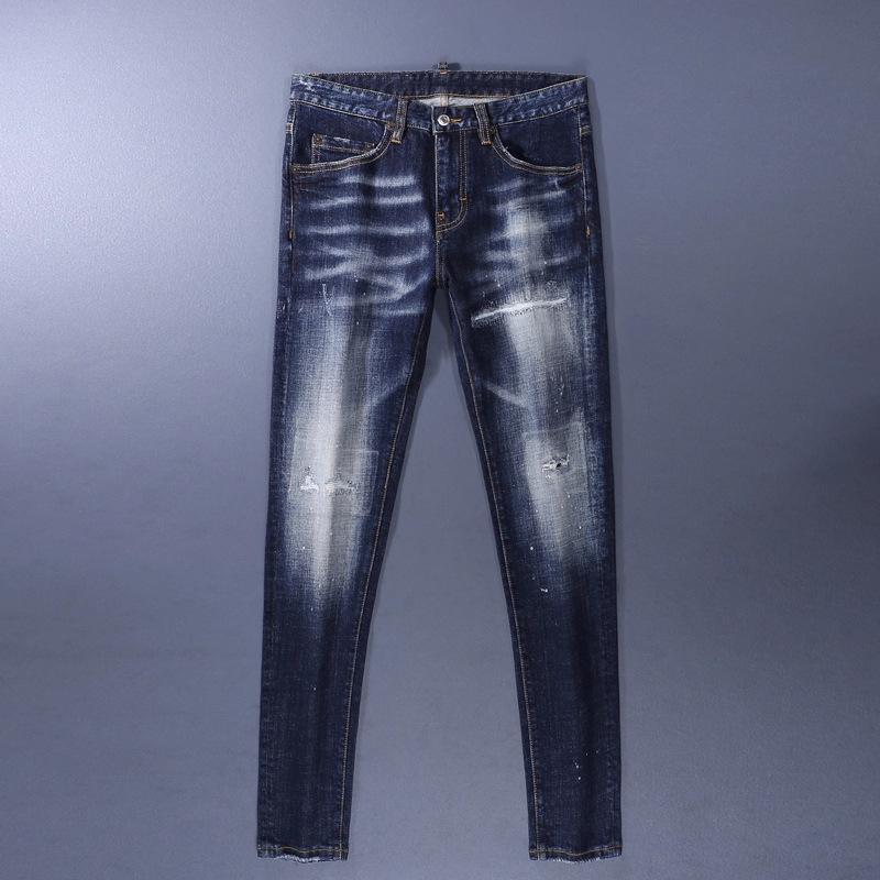 European and American Street Fashion Men's Jeans Retro Washed Trendy Brand Ripped Embroidered Patch Elastic Slim Trousers for Men