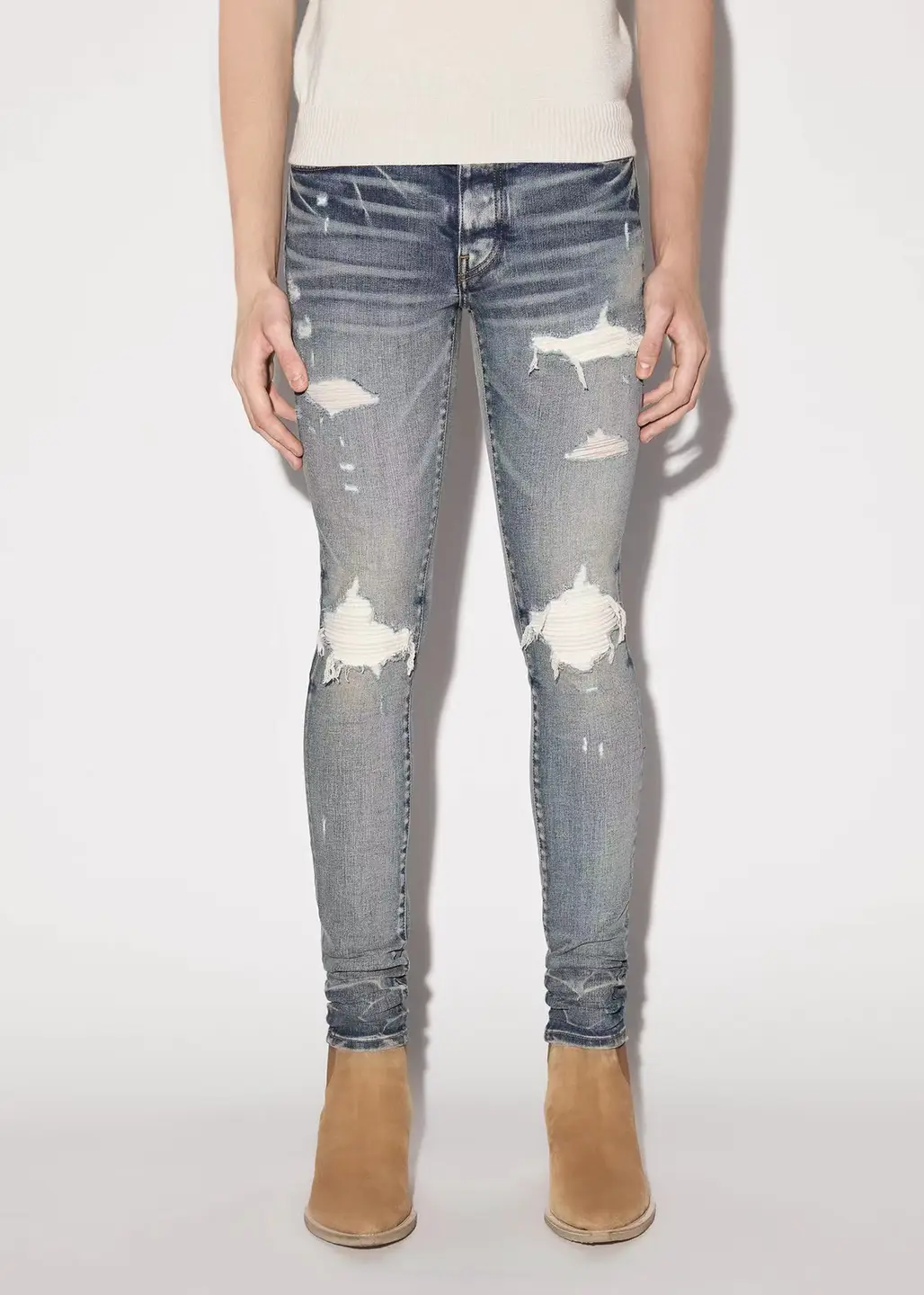 Fog Denim Men's silm Patchwork Skinny Jeans High Street Trendy Wash pants Stretch Slp Am Style