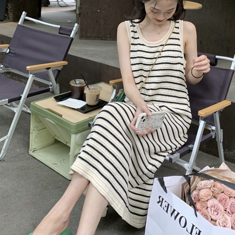 Sleeveless Striped Knitted Dress Women's Loose Long Dress Split Crewneck 2024 Summer Slim Look All-match Slip Dress