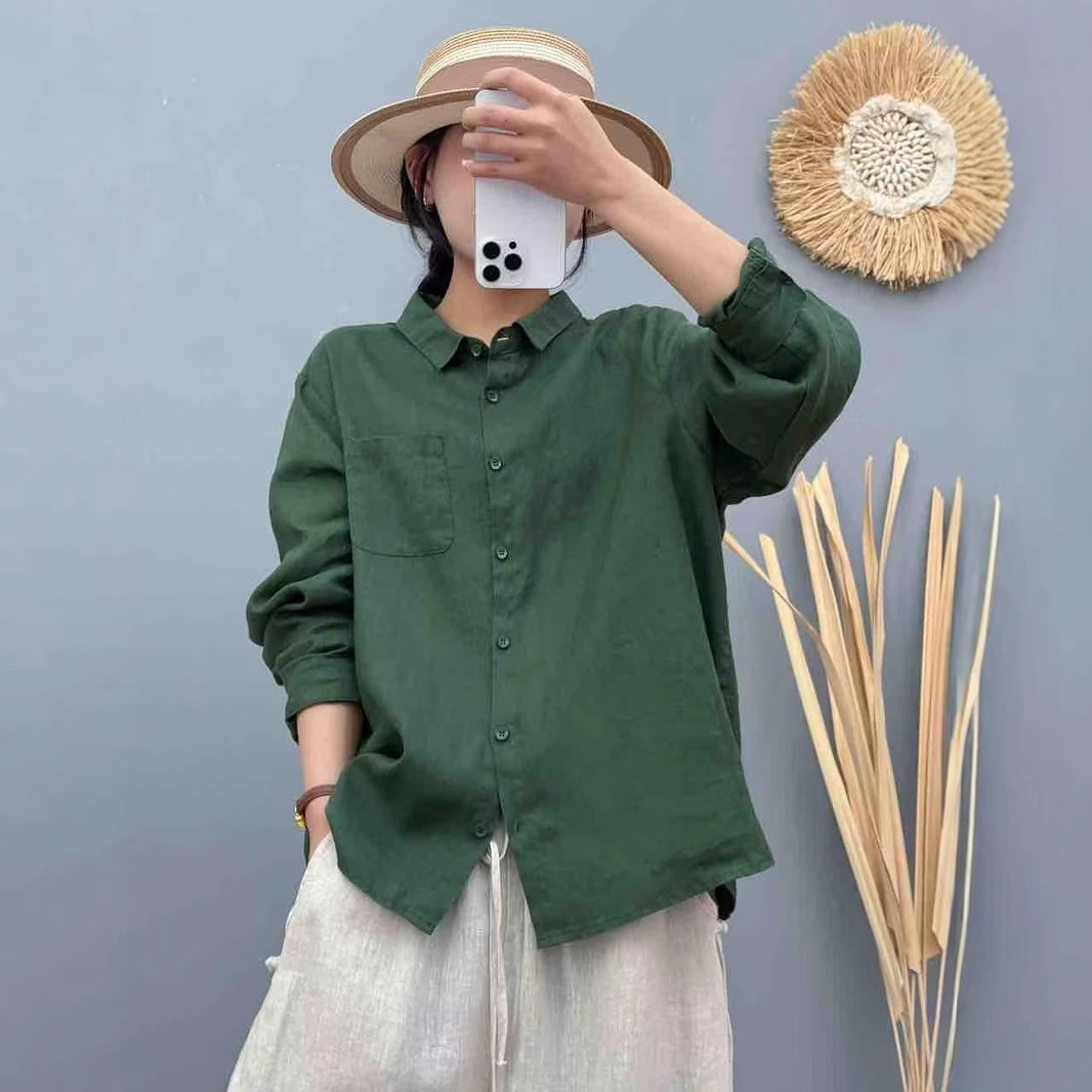 Net Edition Solid Color Lapel Patch Bag New Artist Style Vintage Long Sleeve Slim Look Women's Elegant Casual Shirt
