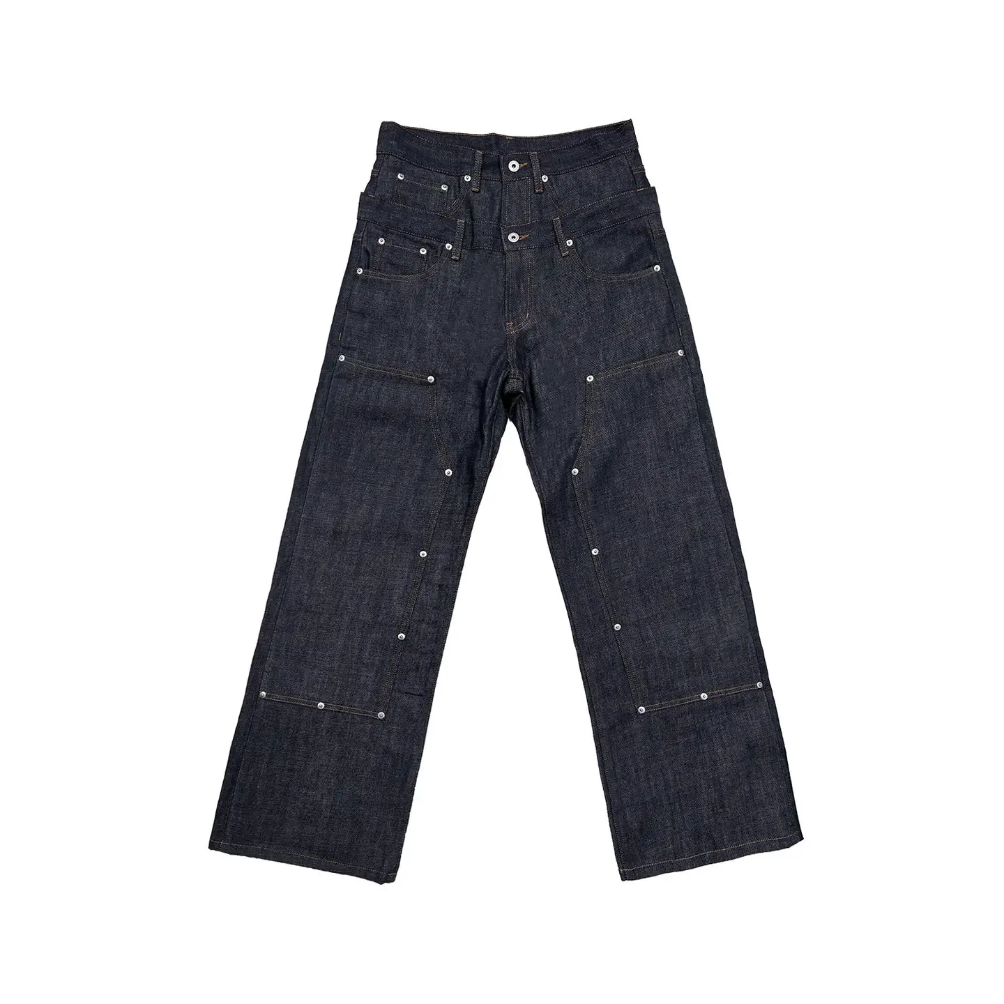 WANNA LAB 25SS double waist nail indigo light blue texture original Denim logging a word 67 short pants-WANNA LAB