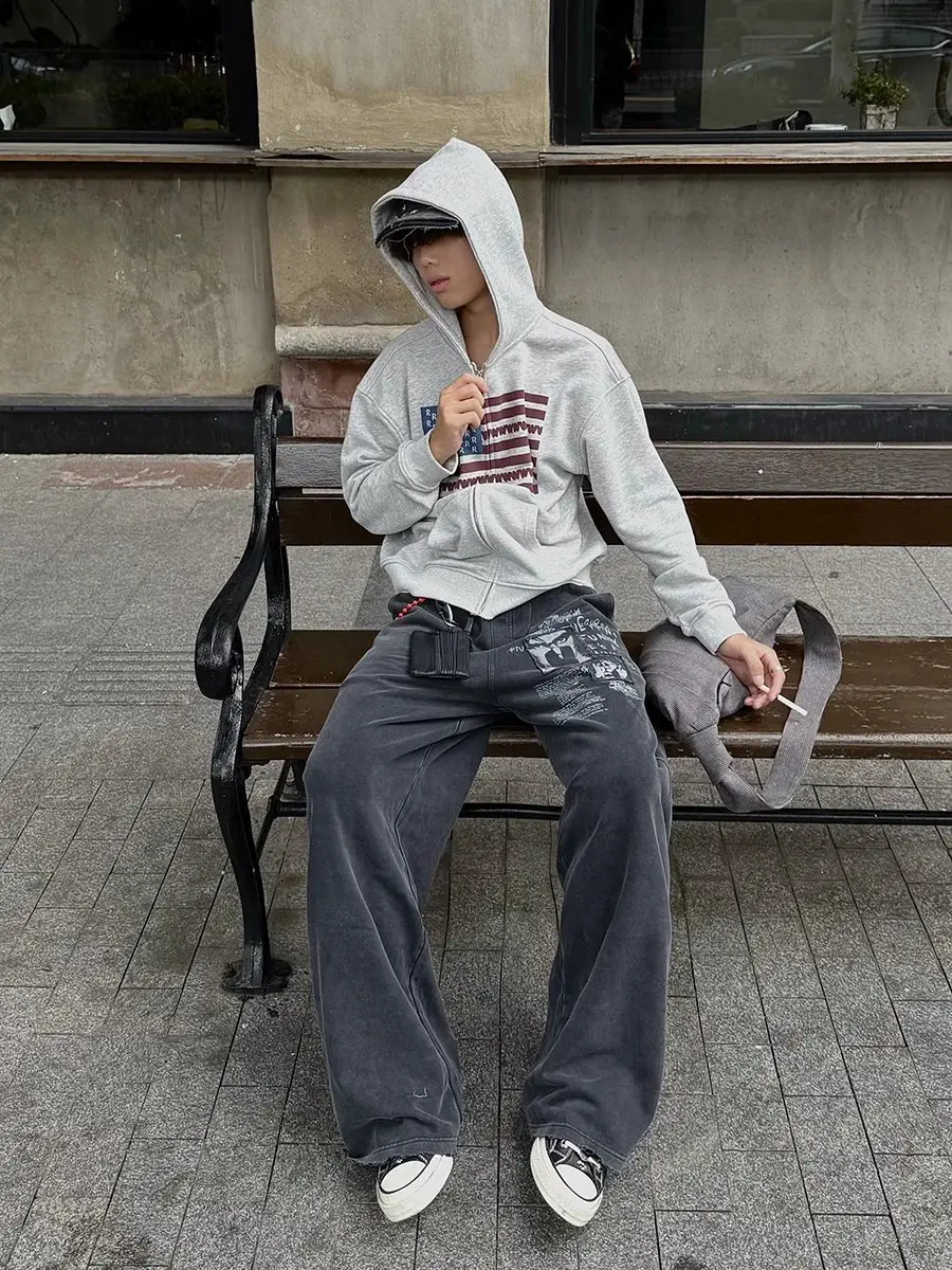From the Street American Flag Print Hooded Zip-Up Autumn and Winter Fleece Cardigan Sweatshirt for Men