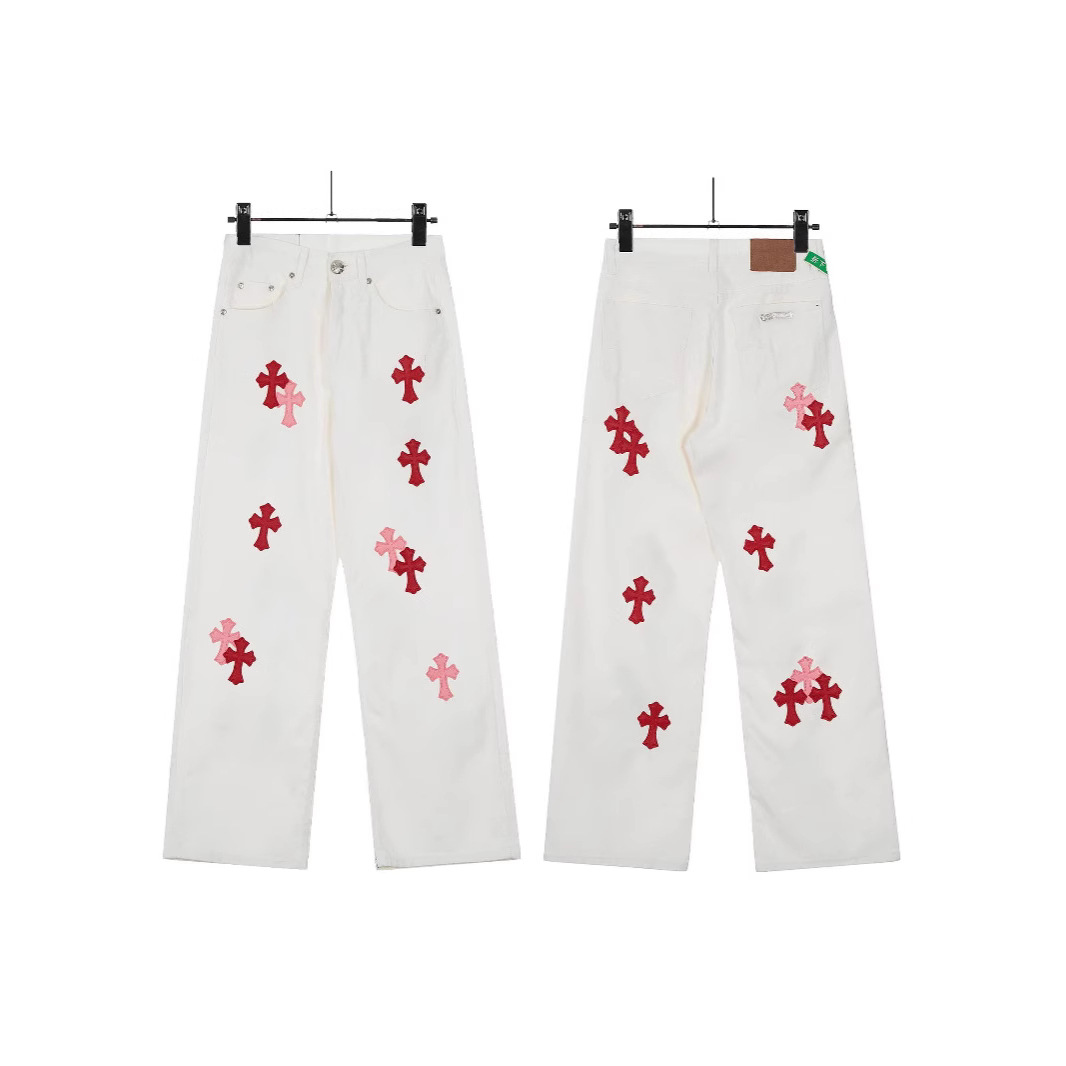 Chrome Hearts25 New Model Chrome Hearts Miami White Pink Limited Edition Cross Patch Denim Jeans Wholesale