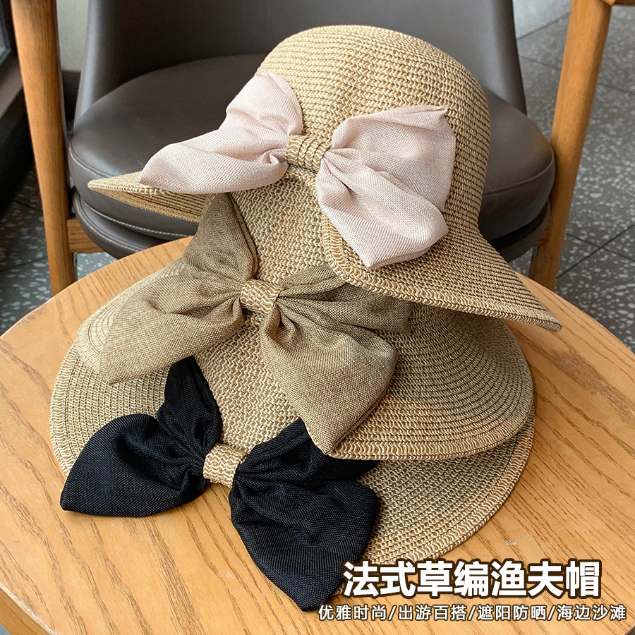 Girls' holiday straw hat ins beach sun protection fisherman hat summer UV protection bow straw hat