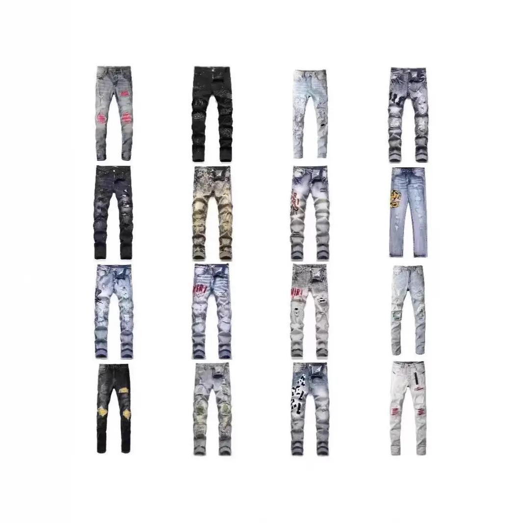 High Version Am Export Style Punk Retro Blue Ripped Slim Stretch Printed and Dyed Small Leg Men's Jeans