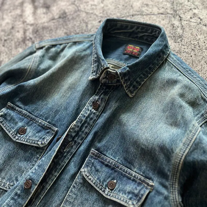 Amekaji American Retro Heavy Industry Washed Maxi Distressed Heavy and Thick Fall Winter Cowboy Shirt Loose Shirt