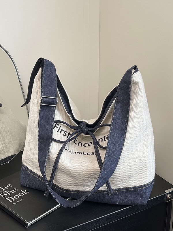 Korean-Style Artistic Double-Sided Shopping Bag Canvas Bag 2025 New Model with Contrasting Color Letter Print and Bow Crossbody Bag