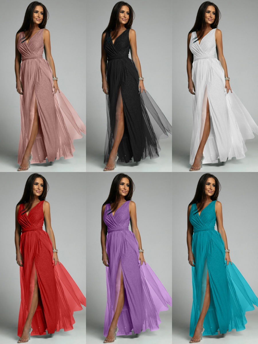 2025 summer Europe and the United States cross-border new dress sexy V-neck side opening sparkling temperament gauze sleeved skirt