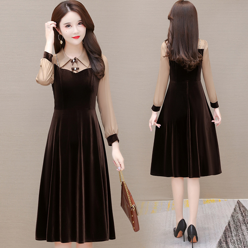 Fashionable Velvet Dress for Women, Spring 2026 New Style, Elegant Slim-Fit Patchwork Polo Collar Base Dress