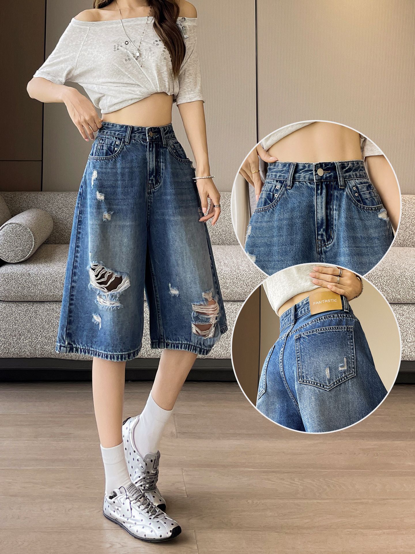 Summer Retro Washed Straight High-Waisted Ripped Denim Shorts for Women, New Summer Style Nostalgic Blue Wide-Leg Mid-Length Pants