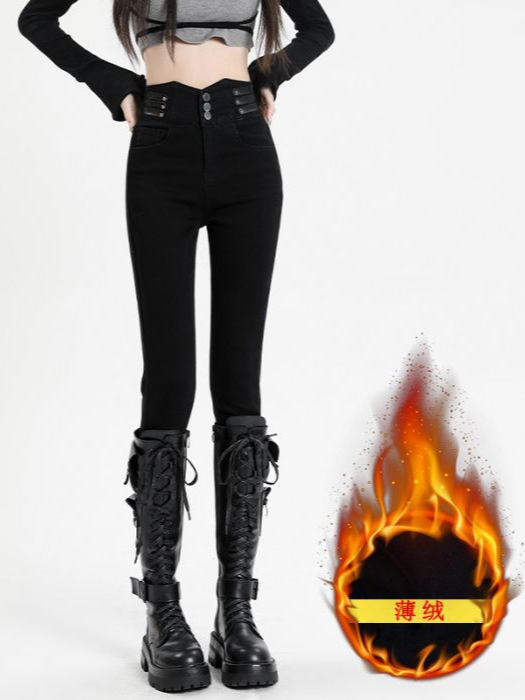 Shanggu | Korean Style Chic High-Waisted Skinny Jeans for Women, Autumn New Fleece-Lined Slim Fit Pencil Pants with Thin Fleece.