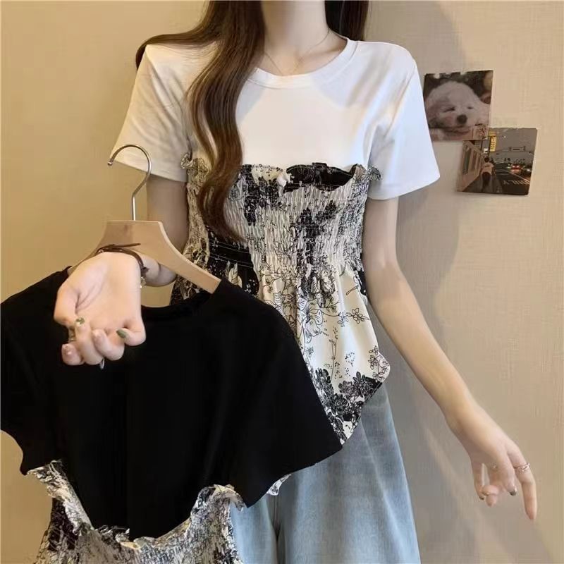 Irregular Fake Two-Piece Printed Short-Sleeved T-Shirt for Women in Summer Plus Size Fat mm Slimming Look Design Street Shirt Top