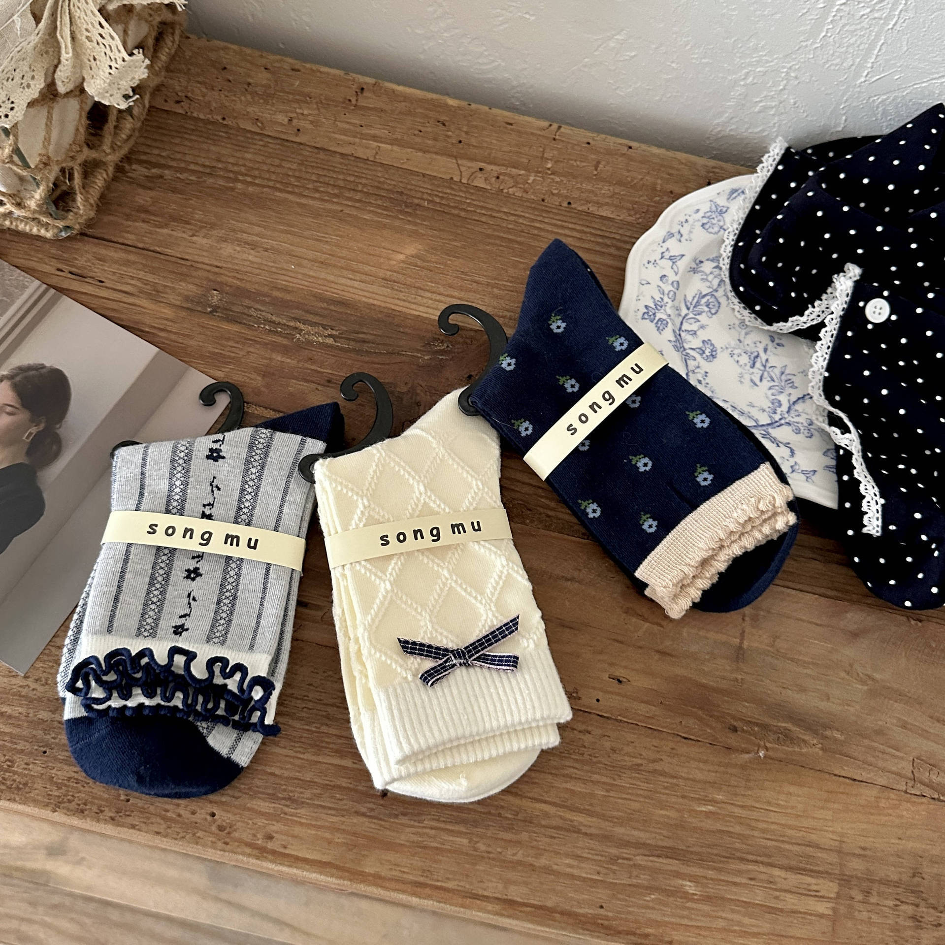 songmu light retro navy blue "bow Korean style socks female tube socks designer cotton socks