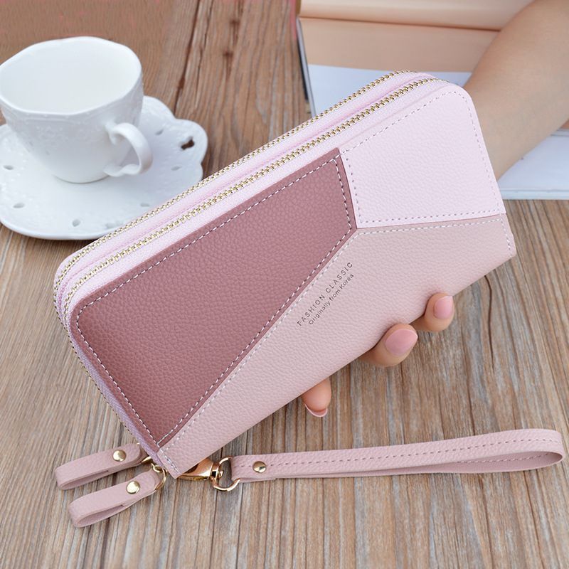 New wallet women's long double zipper clutch fashion stitching contrast color large capacity double-layer wallet mobile phone bag