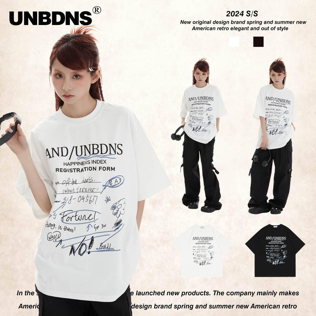 UNBDNS American-style Retro Printed Alphabet Arrangement Couple Men's and Women's Short-sleeved T-shirt Cotton Ins Niche Street Fashion Brand