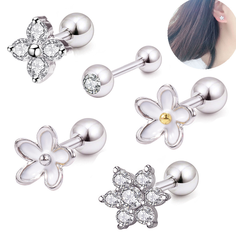 Ebay Amazon Stainless Steel Piercing Jewelry New Flower Zircon Earrings Small Ear Bone Nail Earrings