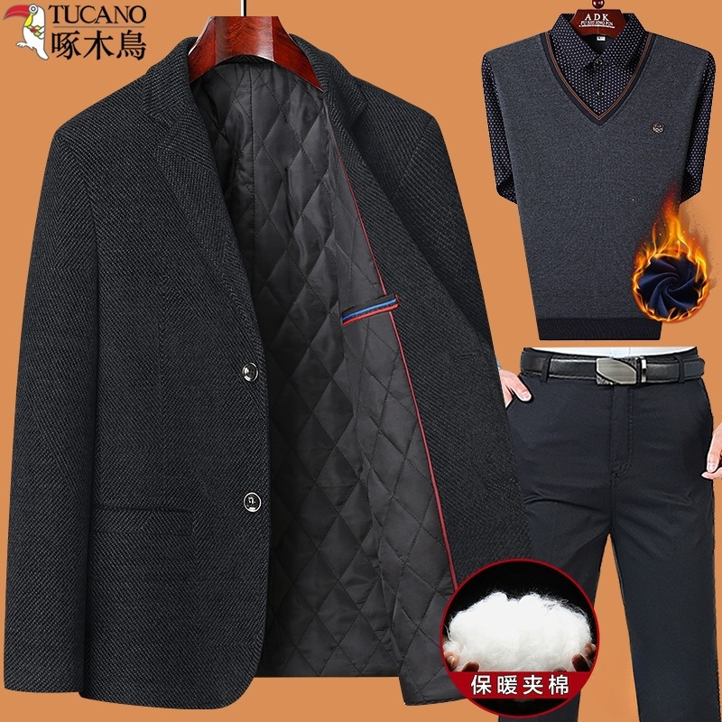 Woodpecker Dad's Autumn and Winter Outerwear Suit for Men, Thickened Suit for Middle-Aged and Elderly Men, Wedding Banquet Formal Suit with Free Shipping