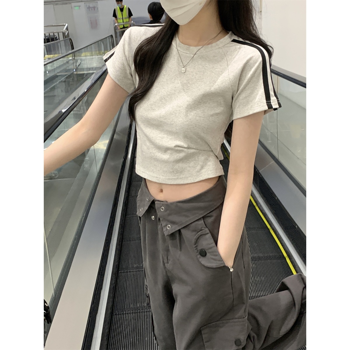 Raglan Striped Short-Sleeve T-Shirt for Women, Summer American Retro Style, Regular Shoulder Base Shirt, Sweet and Spicy Girl Short Crop Top
