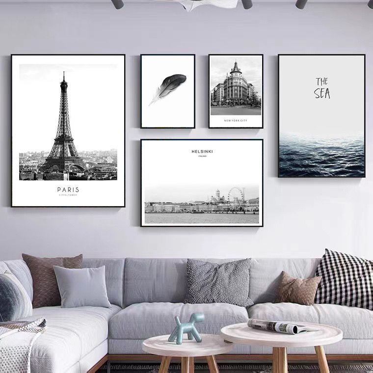 Black and White Vintage Eiffel Tower Decorative Painting Living Room Sofa Background Wall Hanging Painting Combination Wall Hanging Painting Landscape Mural