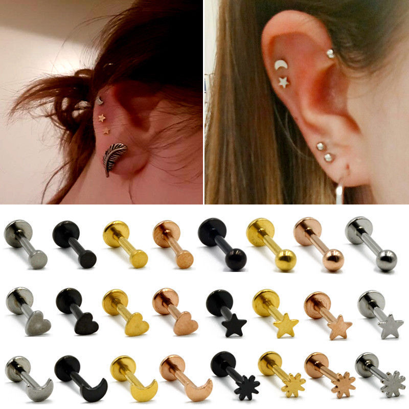 Cross-Border Inner Tooth Earrings, Heart-Shaped Five-Star Ball Ear Bone Nails, Sun and Moon Lip Nails, Stainless Steel Flats Bottom Straight Earrings
