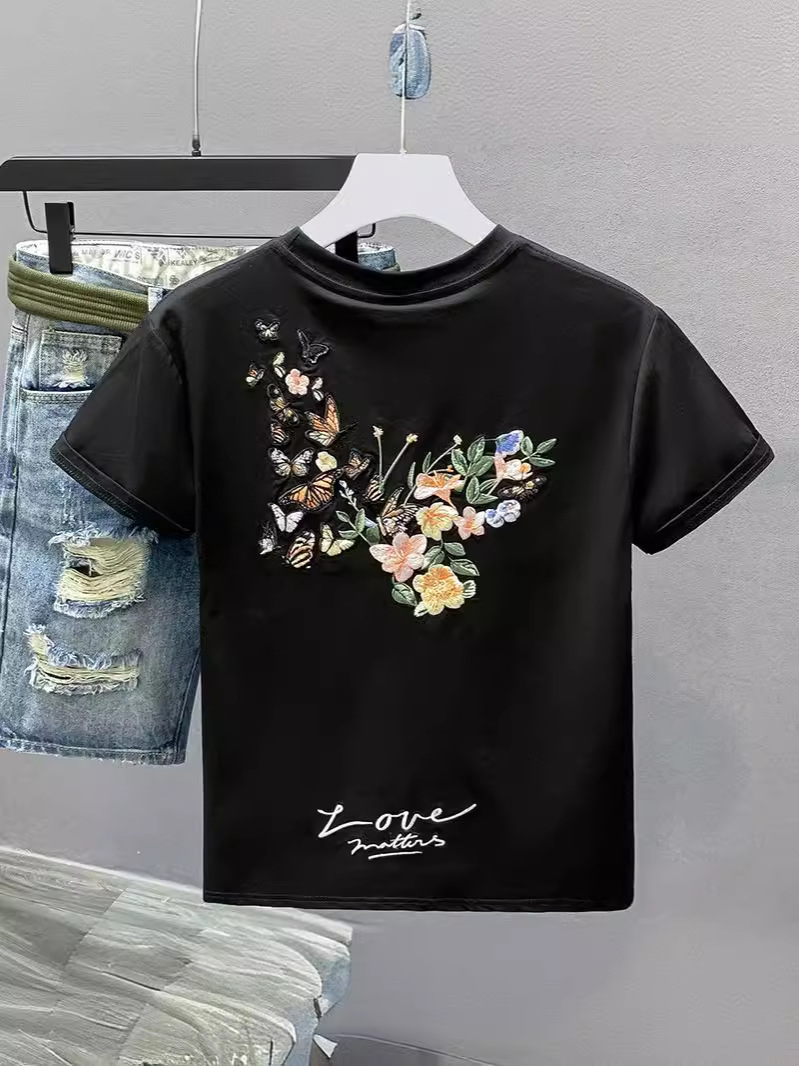 National Trendy Short-sleeved T-shirt Ins Summer Men's Half-sleeved Cotton Couple's Base Shirt Trendy Brand Butterfly Embroidered Round Neck T-shirt for Men