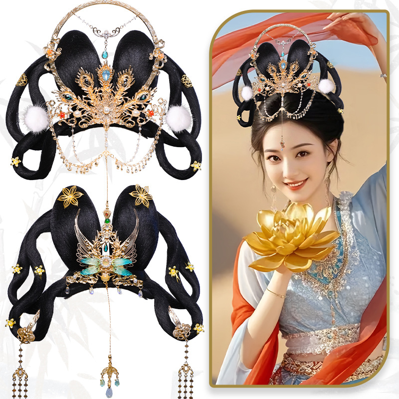 Antique Hanfu Wig Headwear One-piece Bon Hair Accessories Women's Ancient Clothing Dunhuang Flying Rabbit Ear Hair Bag Goddess Accessories