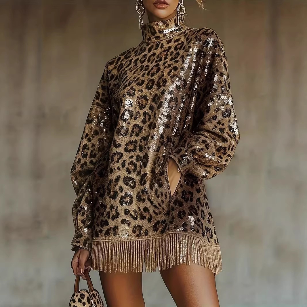 2025 Autumn/Winter European and American Cross-Border Fashion Metallic Brown Sequin High-Neck Long-Sleeve Tassel Design Short Dress Leopard Print