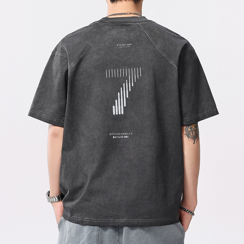 American-Style Printed Retro Heavyweight High-Street Design Trendy Brand Short-Sleeve T-Shirt for Men 2025 New American-Style Half-Sleeve Tee