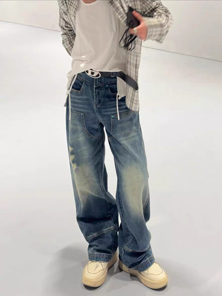 New cleanfit Turquoise Design Wash Destruction Trousers Unisex Straight Casual Jeans