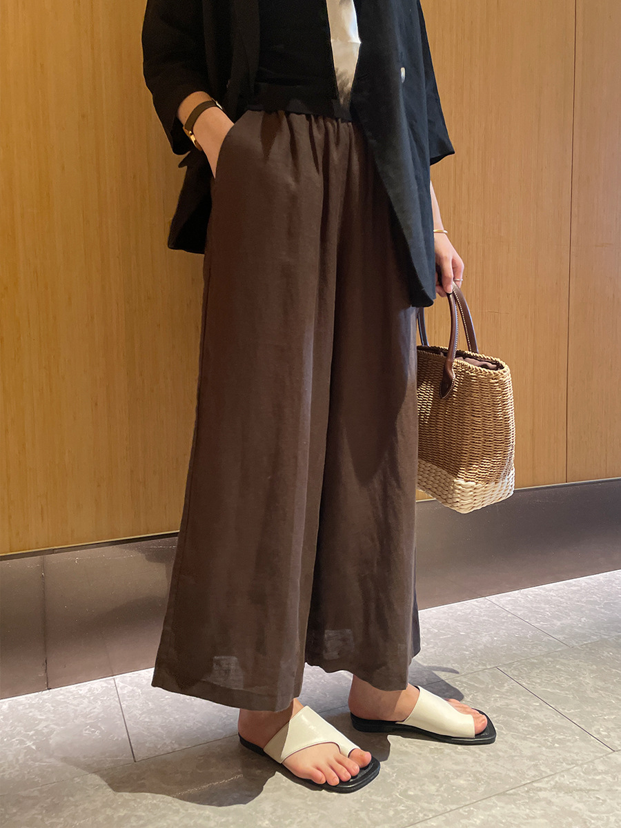 Pius Summer New Japanese Style Casual Outfit Linen Wide-Leg Cropped Pants Thin Elastic Waist Women's Straight Pants