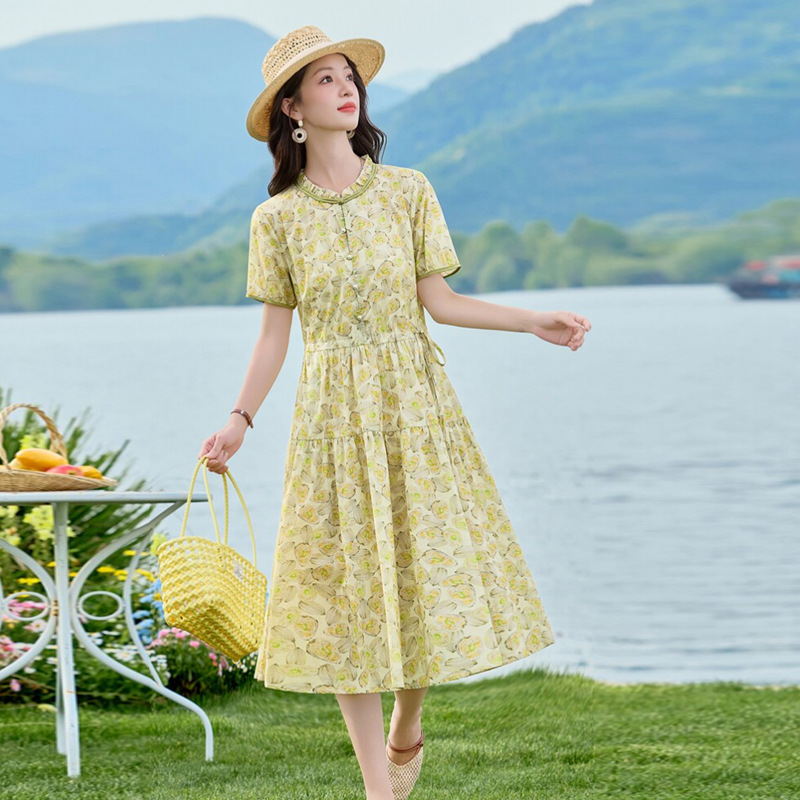 Gentle Pastoral Style Floral Pure Cotton Dress for Women, 2026 Summer New Model, Ruffled Edge, Age-Reducing, Waist-Cinching, Elegant Long Dress