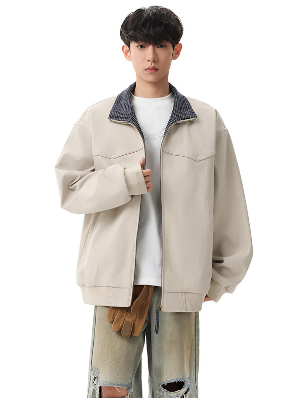 Jianheng American-Style Cleanfit Plaid Patchwork Herringbone Fashion Stand-Collar Jacket for Men and Women, Spring Casual Jacket