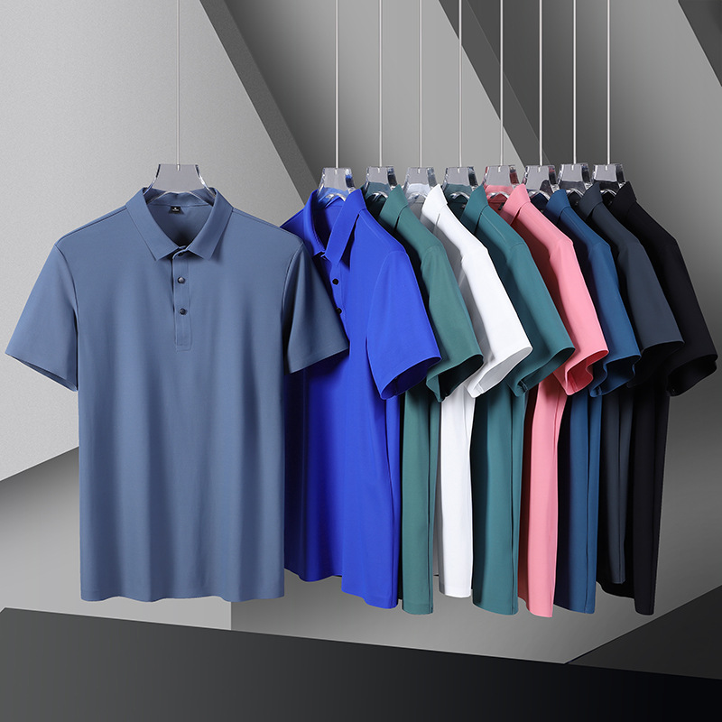 Polo Shirt Men's Short-sleeved Summer Traceless Ice Silk T-shirt Casual Stretch Lasel Casual Men's Plus Size Fat Clothes
