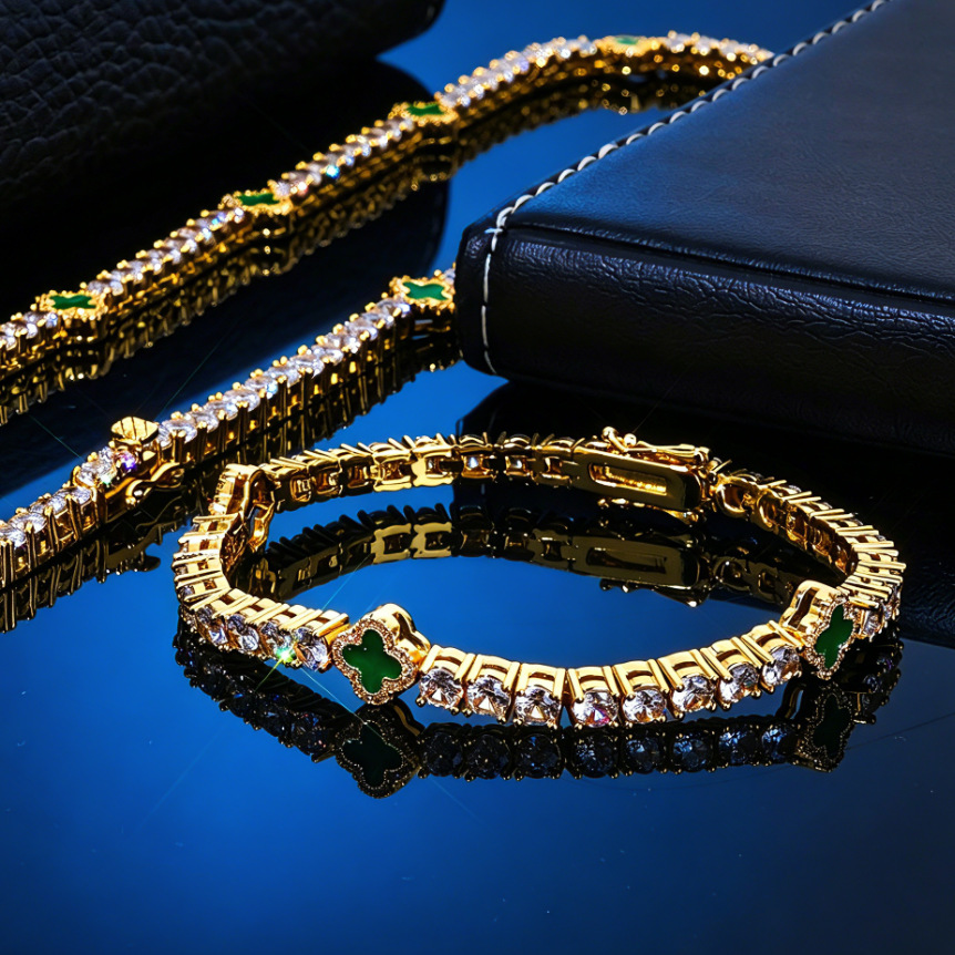 European and American Hip-Hop Copper Zircon Clover Tennis Chain Exquisite Diamond-Studded Fashion Versatile Accessory Cross-Border New Bracelet