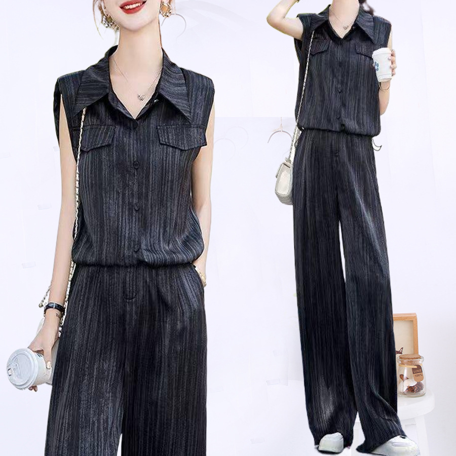 Fashion Casual Professional Suit for Women Summer New Stylish Age-Reducing Sleeveless Striped Shirt Wide-Leg Pants Two-Piece Set