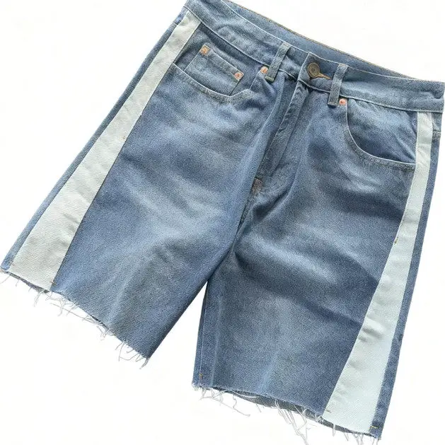 White Patchwork Pattern with Light Blue Edges, Dark Blue Denim Shorts 11111628