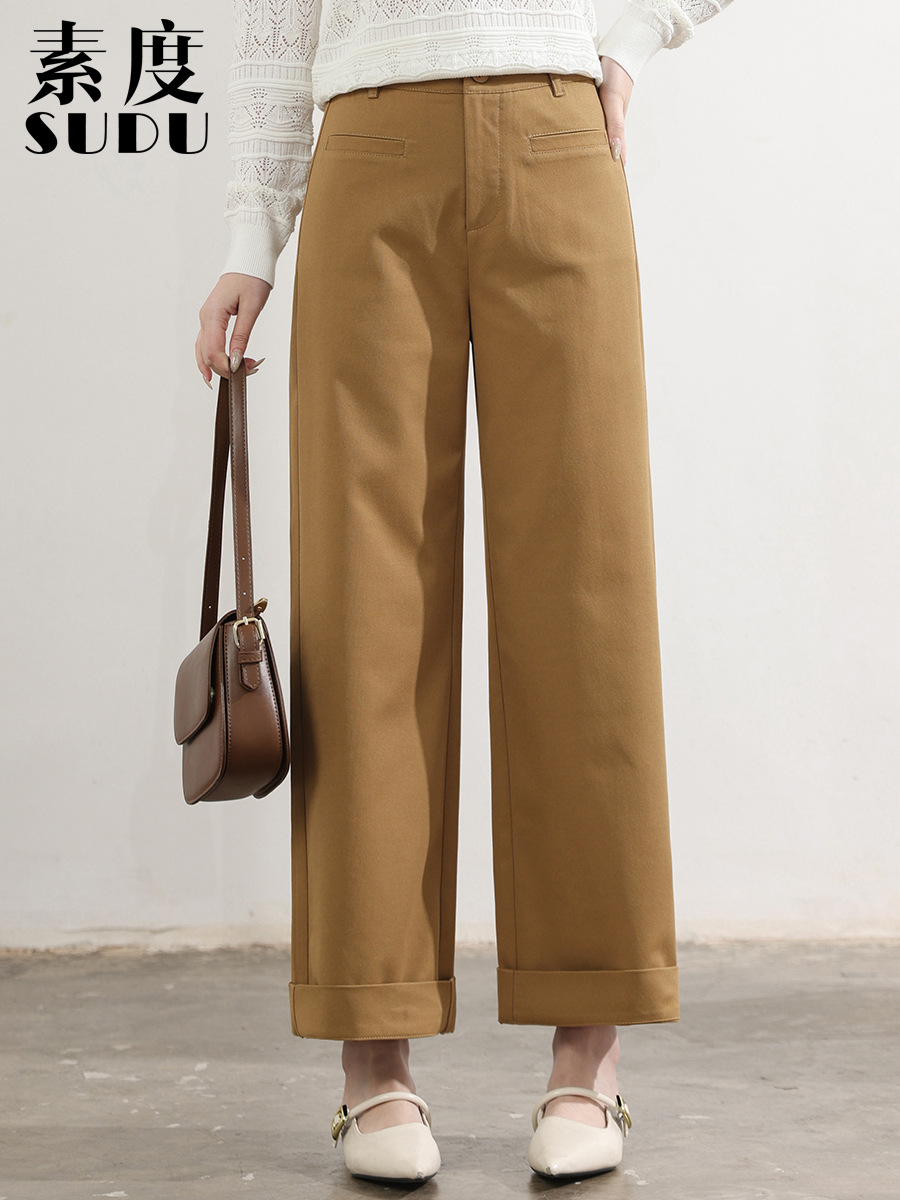 Sudu's New Casual Cropped Straight-Leg Pants with Elasticated Back Waist, Convertible Side Pockets, Fashionable, Slimming, and Versatile Women's Pants