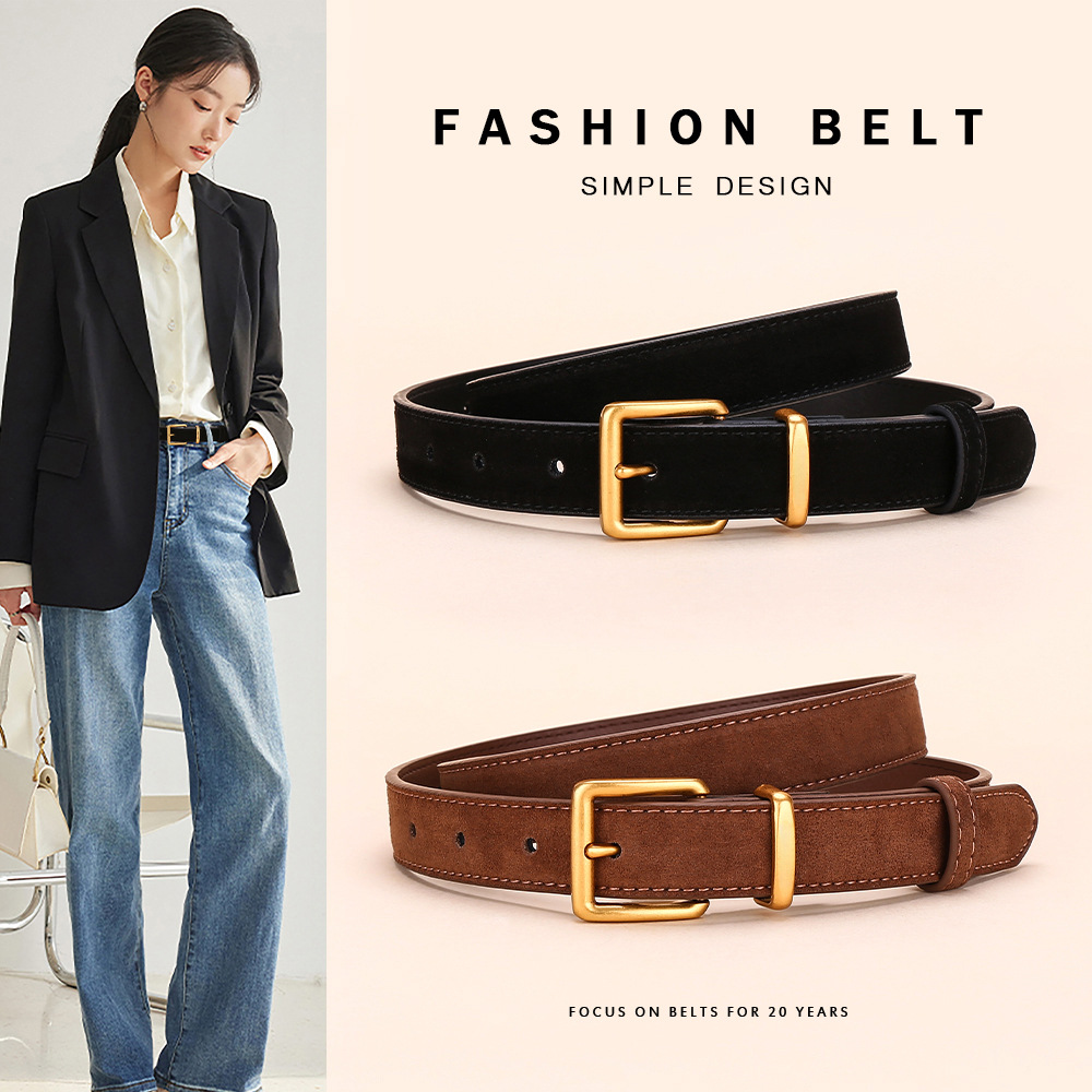 Genuine Leather Belt for Women, Versatile Decorative Belt for Women's Jeans, Matte Suede Belt, Women's High-End Retro Fashion