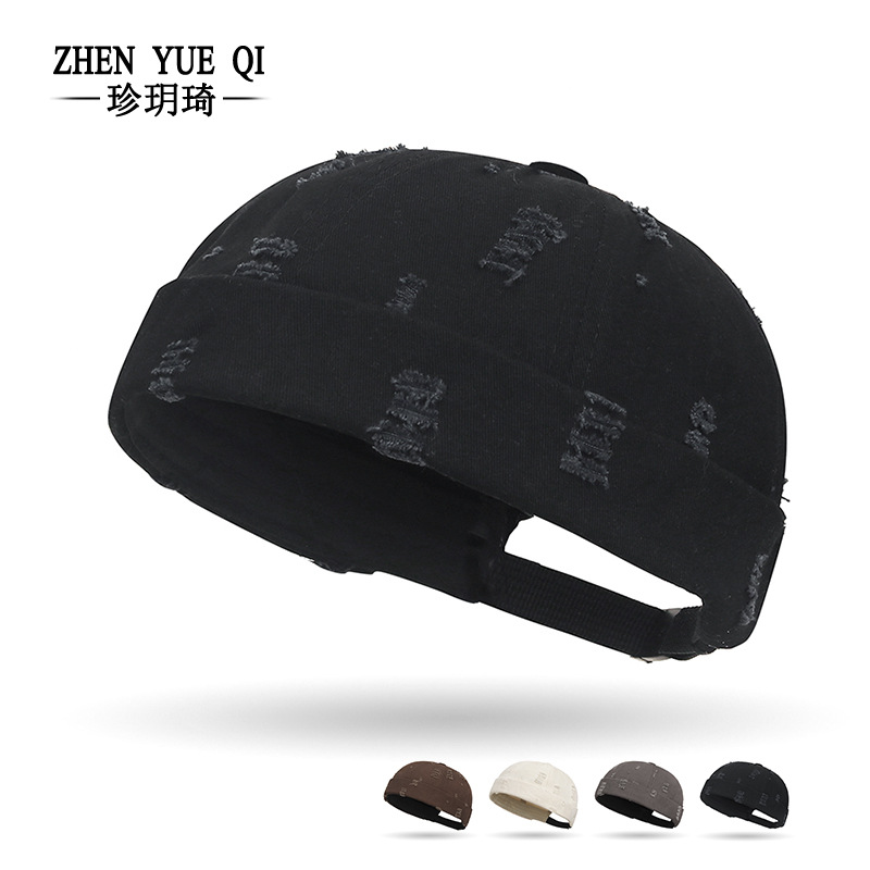 Spring New Style Ripped Hip-Hop Style Solid Color Street-Style Hats for Men and Women, Vintage Distressed Brimless Beanie Hats