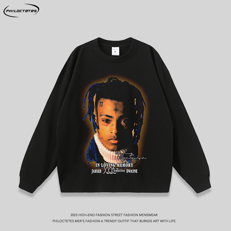 American retro rap rapper portrait print long sleeve men and women loose hiphop Street short sleeve T-shirt base t