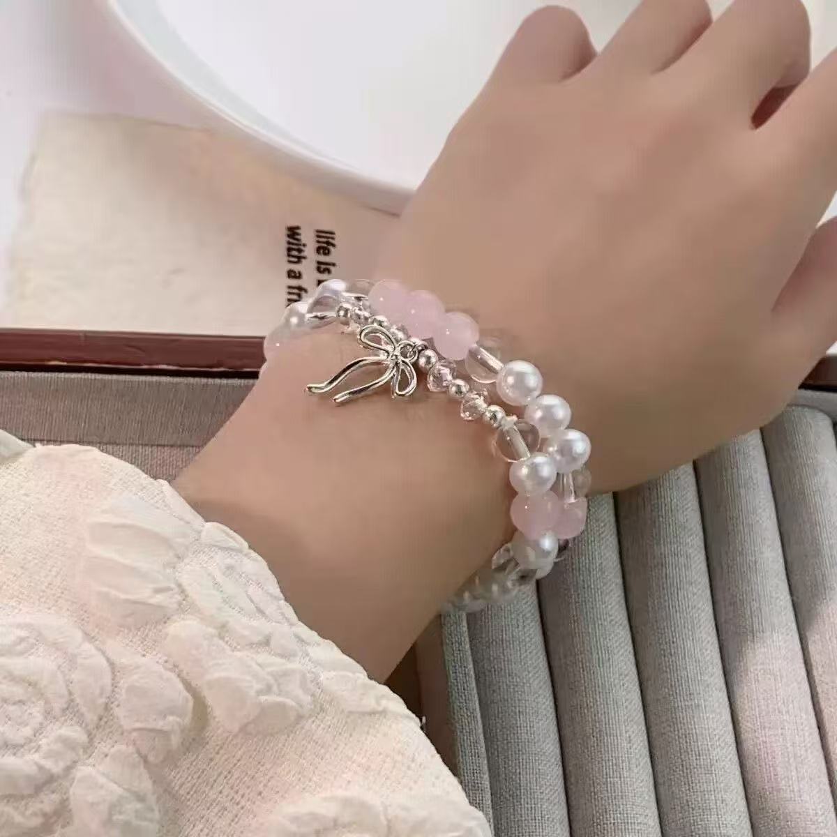 New Bowknot Double-Layer Glass Bead Bracelet for Women 2025 Versatile Super Fairy Sweet Simple Student Best Friend Bracelet