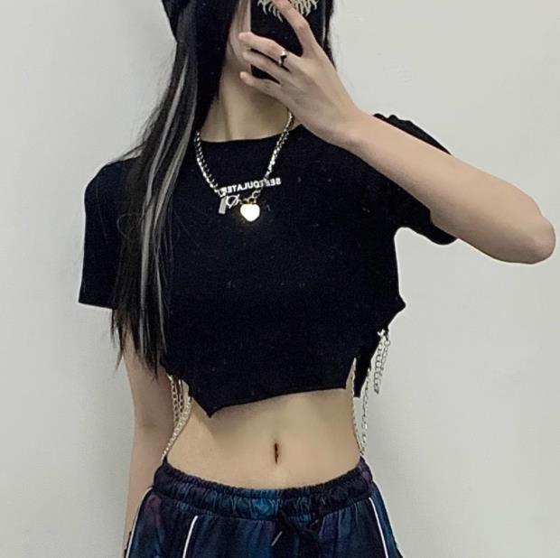 Y T-Shirt Chain Millennium Summer 2k Small Black Dancing Spice Girl Women's Printed Letter Waist Side Leakage Navel Short Sleeve Top