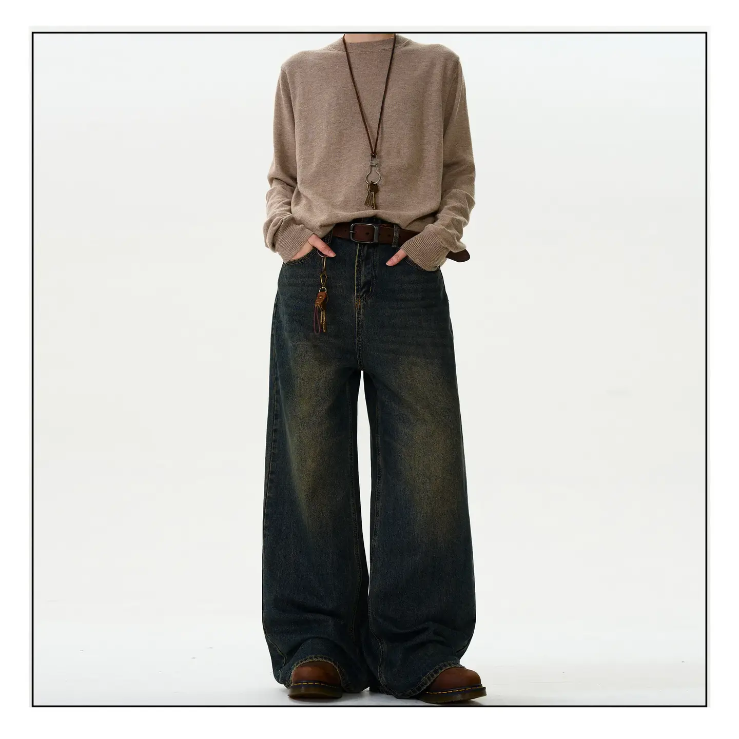 Madwitch Retro Mud-Dyed Distressed Washed Jeans for Men and Women Loose Casual Vintage Straight Wide-Leg Pants