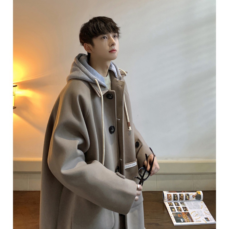 Fake Two-Piece Outwear Men's Winter Trendy Brand Loose and Versatile Couple Hooded Windbreaker American Hong Kong Style Mid-Length Woolen Outwear