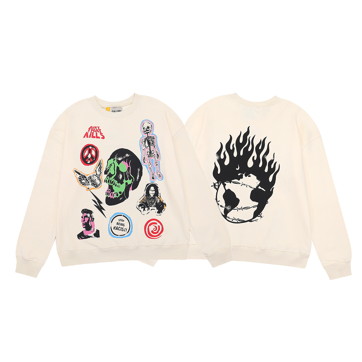 American Trendy Brand Gallery Dept Tide Skull Flame Colorful English Print Casual Terry Sweatshirt