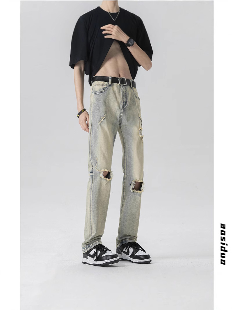 Men's Summer Thin Yellow Mud-Colored Ripped Slim Straight Jeans High Street Vibe Trendy Brand Cool Casual Wholesale