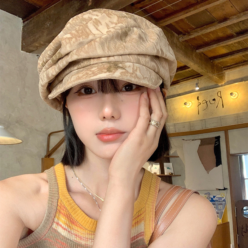Japanese-Style Retro Niche Pleated Large Head Circumference Octagonal Hat for Women Versatile Face-Slimming Sunshade Beret
