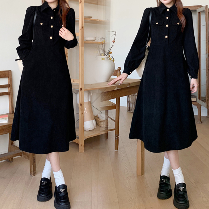 Corduroy Dress Autumn and Winter 2024 New Style Elegant Little Black Dress Waist-Cinching Slimming Mid-Length Tea Break Dress Wholesale
