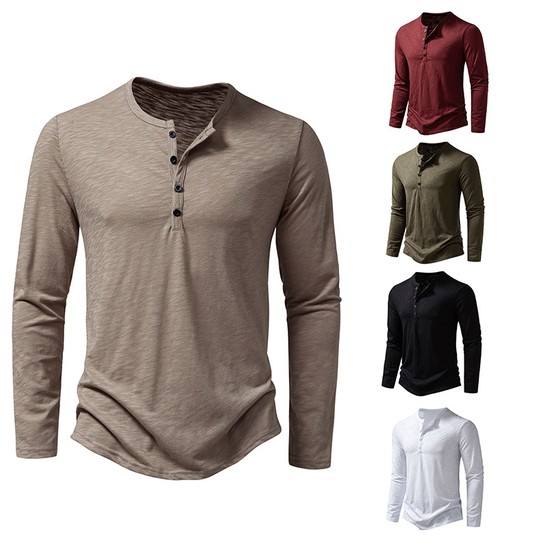 European and American commuter long-sleeved door collar T-shirt men's plus size thin Henry collar T-shirt pullover bottoming shirt