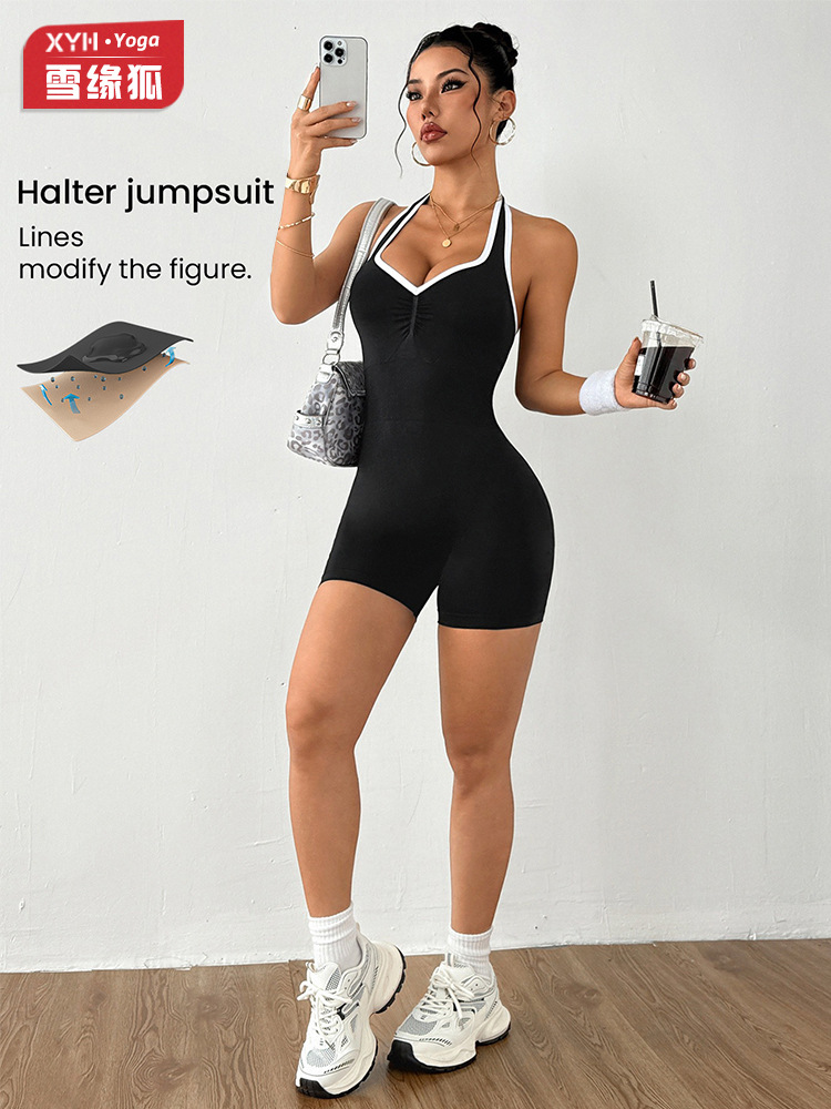 Shein Amazon Color-Block Halter Neck Beautiful Back Yoga Jumpsuit for Women, Peach Butt, Sweetheart Neckline, Fitness Jumpsuit Shorts